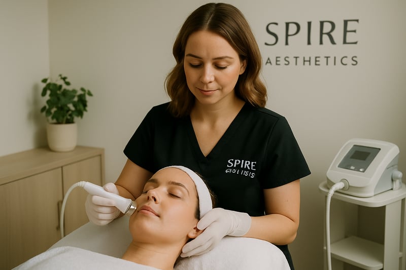 A practitioner at Spire Aesthetics performing a gentle, non-surgical facial treatment in a calm clinic setting. A practitioner at Spire Aesthetics performing a gentle, non-surgical facial treatment in a calm clinic setting.
