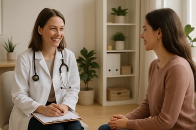 Friendly practitioner consulting with a patient in a calm, welcoming clinic environment
