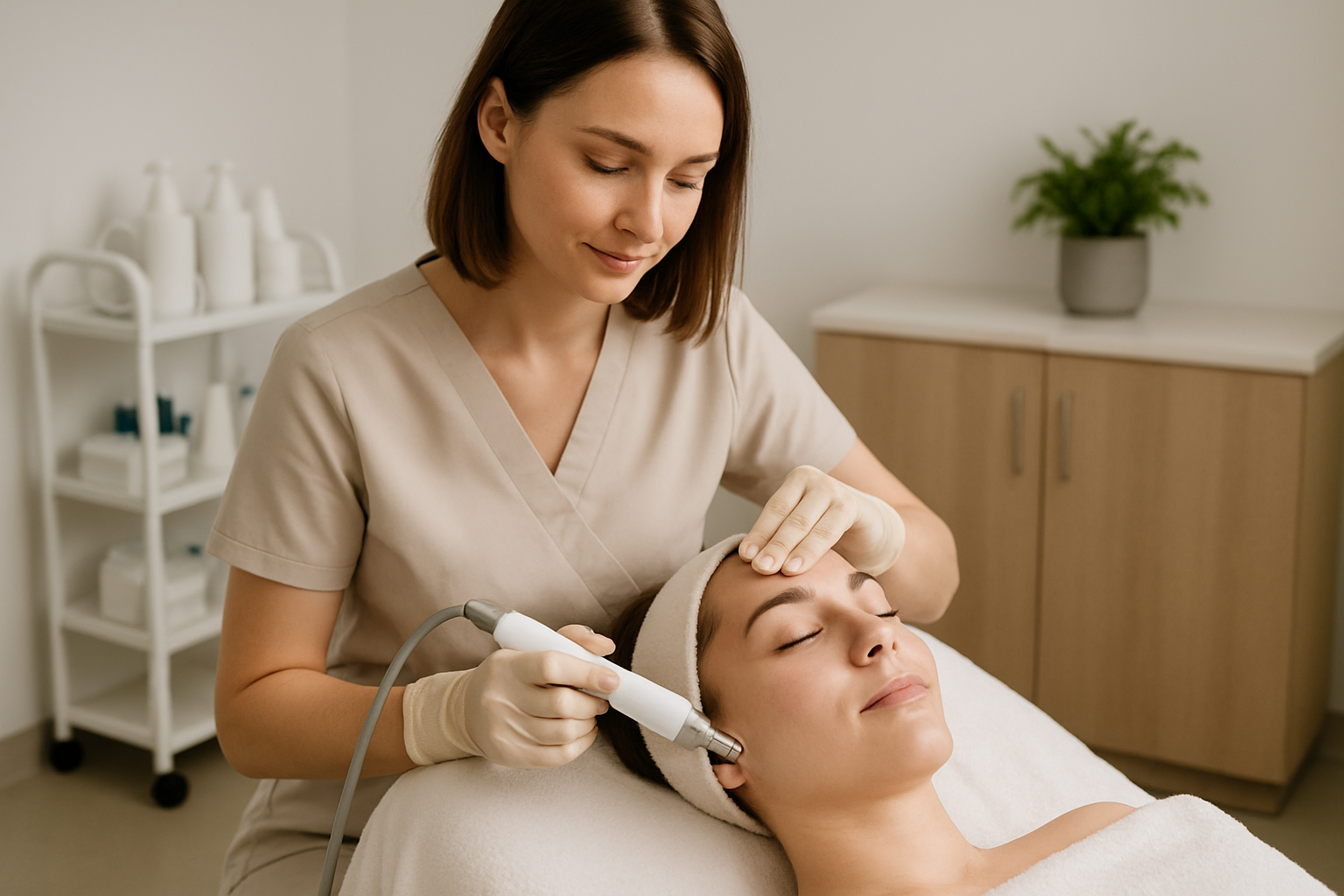 Practitioner gently administering a non-surgical facial treatment in a comfortable clinic setting